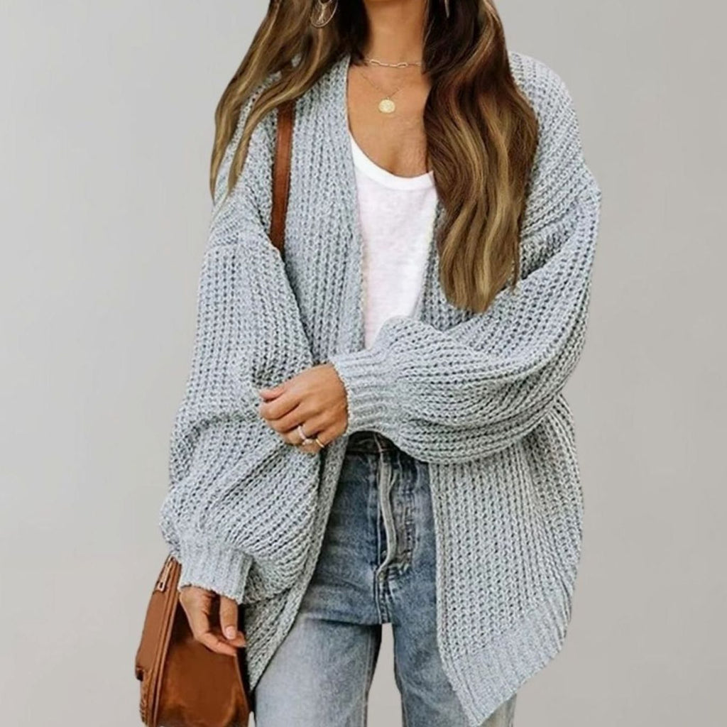 Women's Oversized Chunky Knit Open Front Cardigan, Grey, view 3