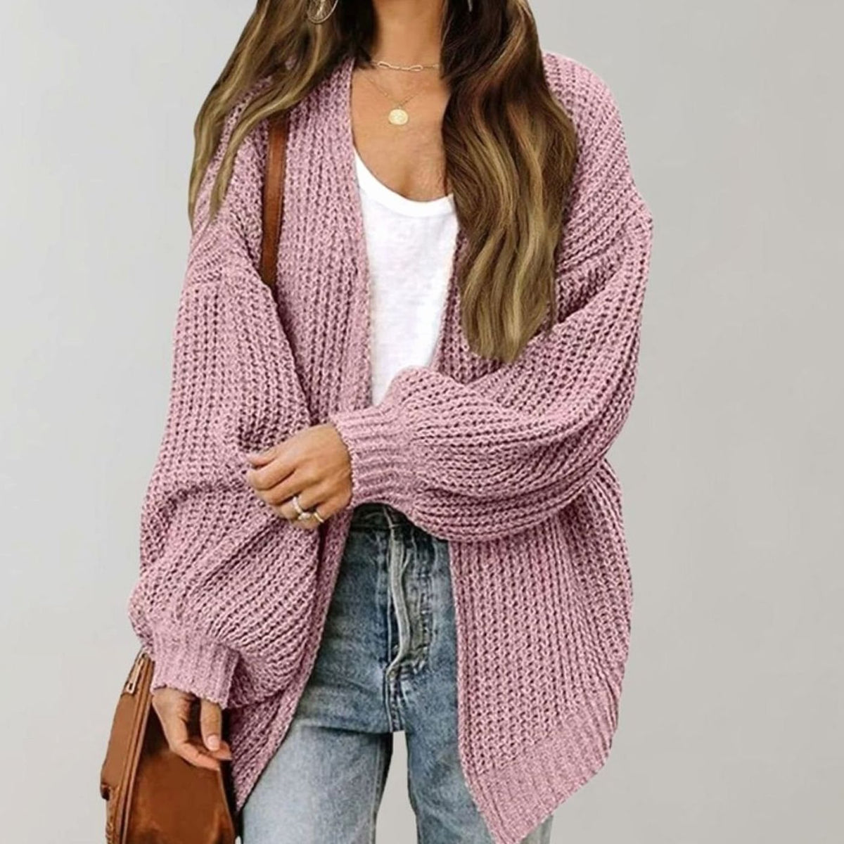 Women's Oversized Chunky Knit Open Front Cardigan, Pink, view 4
