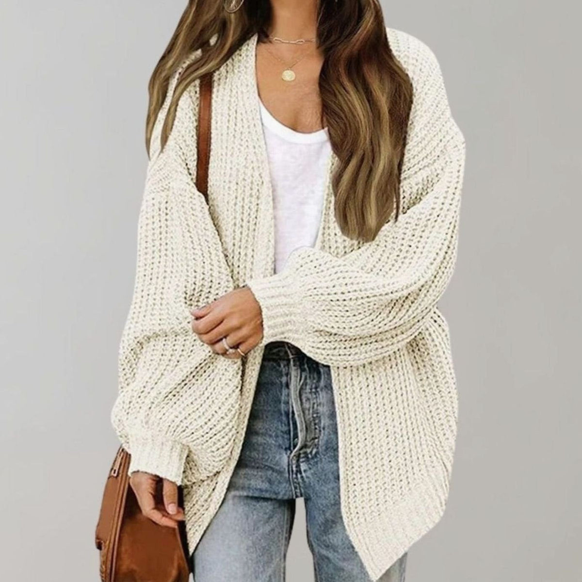Women's Oversized Chunky Knit Open Front Cardigan, White, view 5