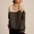 Women's Oversized Colour-Block Herringbone Roll-Neck Jumper, Oak Brown, view 1
