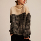 Women's Oversized Colour-Block Herringbone Roll-Neck Jumper, Oak Brown, view 1