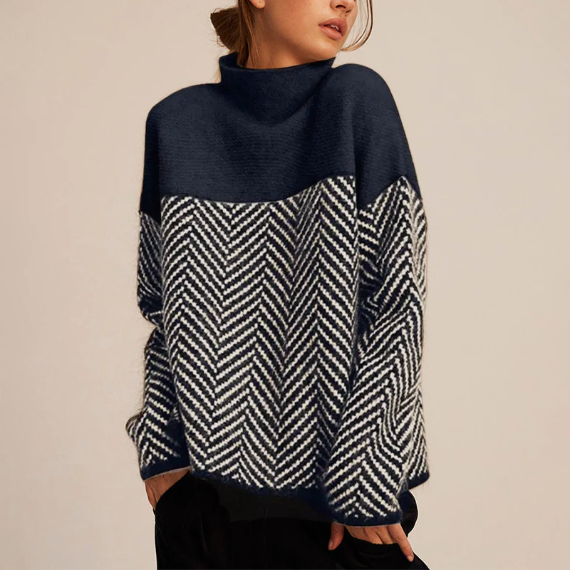 Women's Oversized Colour-Block Herringbone Roll-Neck Jumper, Midnight Blue, view 2