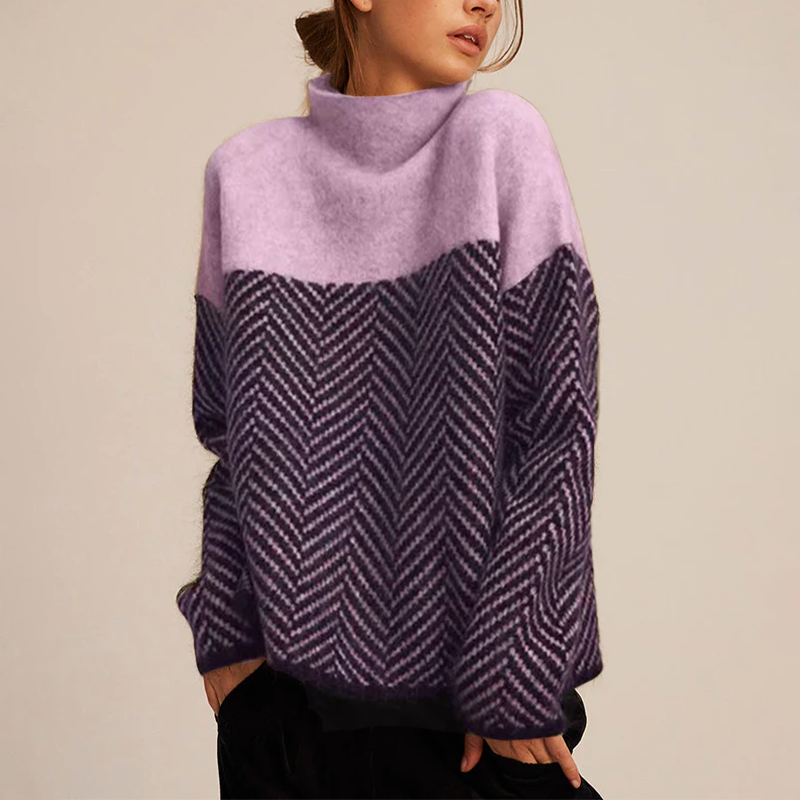 Women's Oversized Colour-Block Herringbone Roll-Neck Jumper, Lilac Violet, view 3