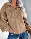Women's Oversized Fleece Pullover with Quarter Zip and Puff Sleeves, Khaki, view 1