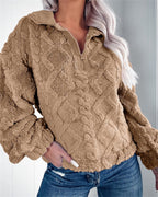 Women's Oversized Fleece Pullover with Quarter Zip and Puff Sleeves, Khaki, view 1