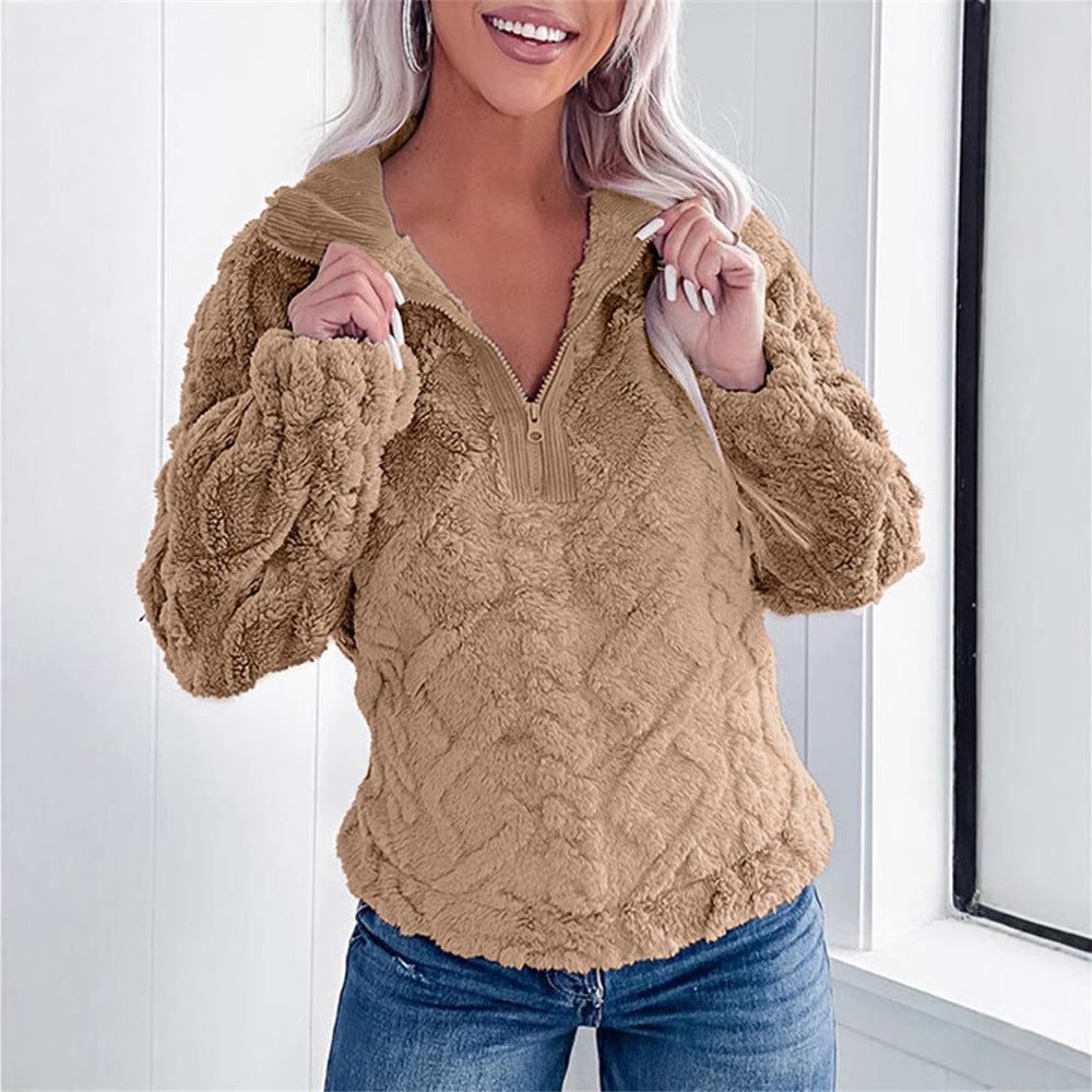 Women's Oversized Fleece Pullover with Quarter Zip and Puff Sleeves, view 2
