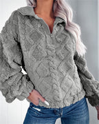 Women's Oversized Fleece Pullover with Quarter Zip and Puff Sleeves, Grey, view 3