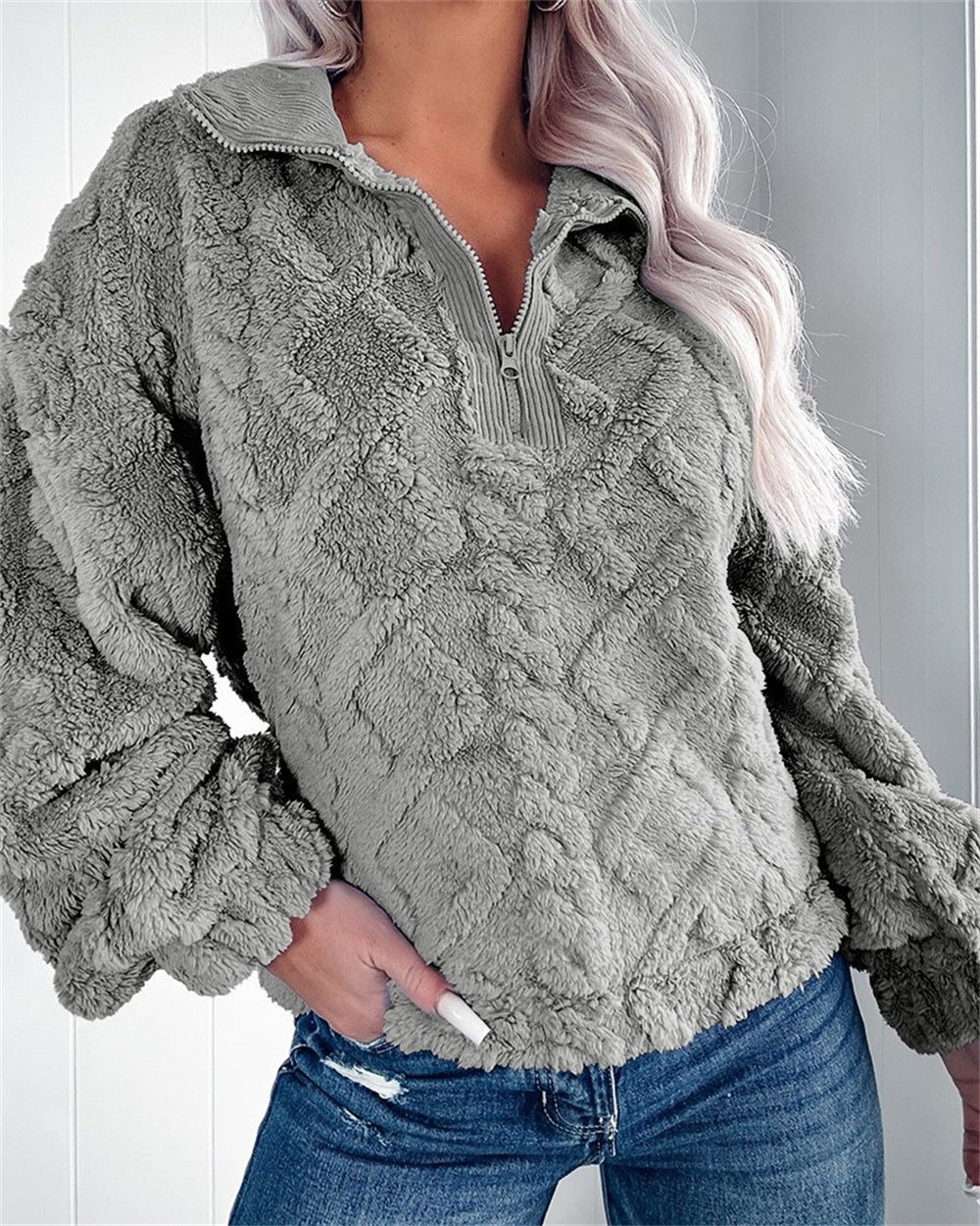Women's Oversized Fleece Pullover with Quarter Zip and Puff Sleeves, Grey, view 3
