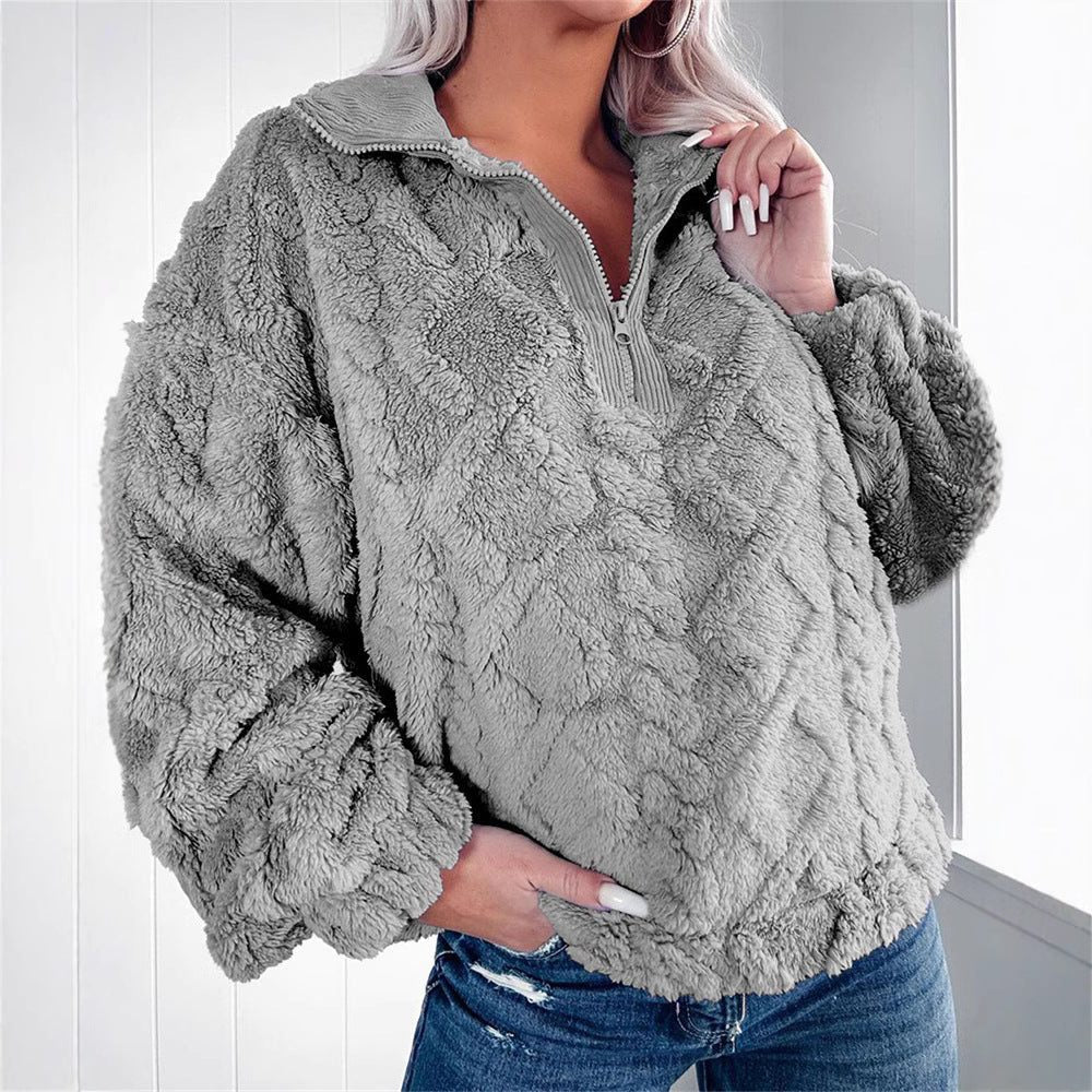 Women's Oversized Fleece Pullover with Quarter Zip and Puff Sleeves, view 4