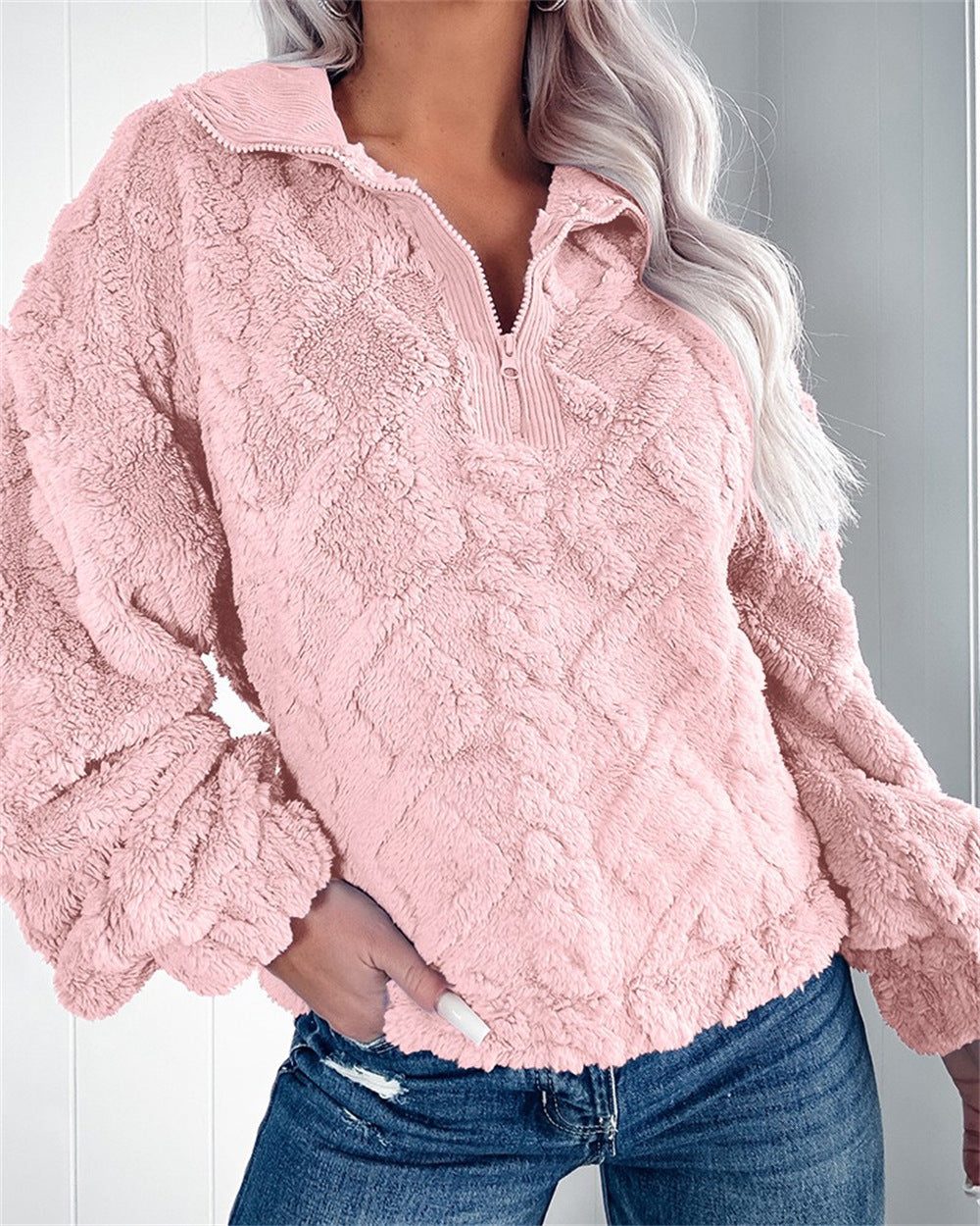 Women's Oversized Fleece Pullover with Quarter Zip and Puff Sleeves, Pink, view 5