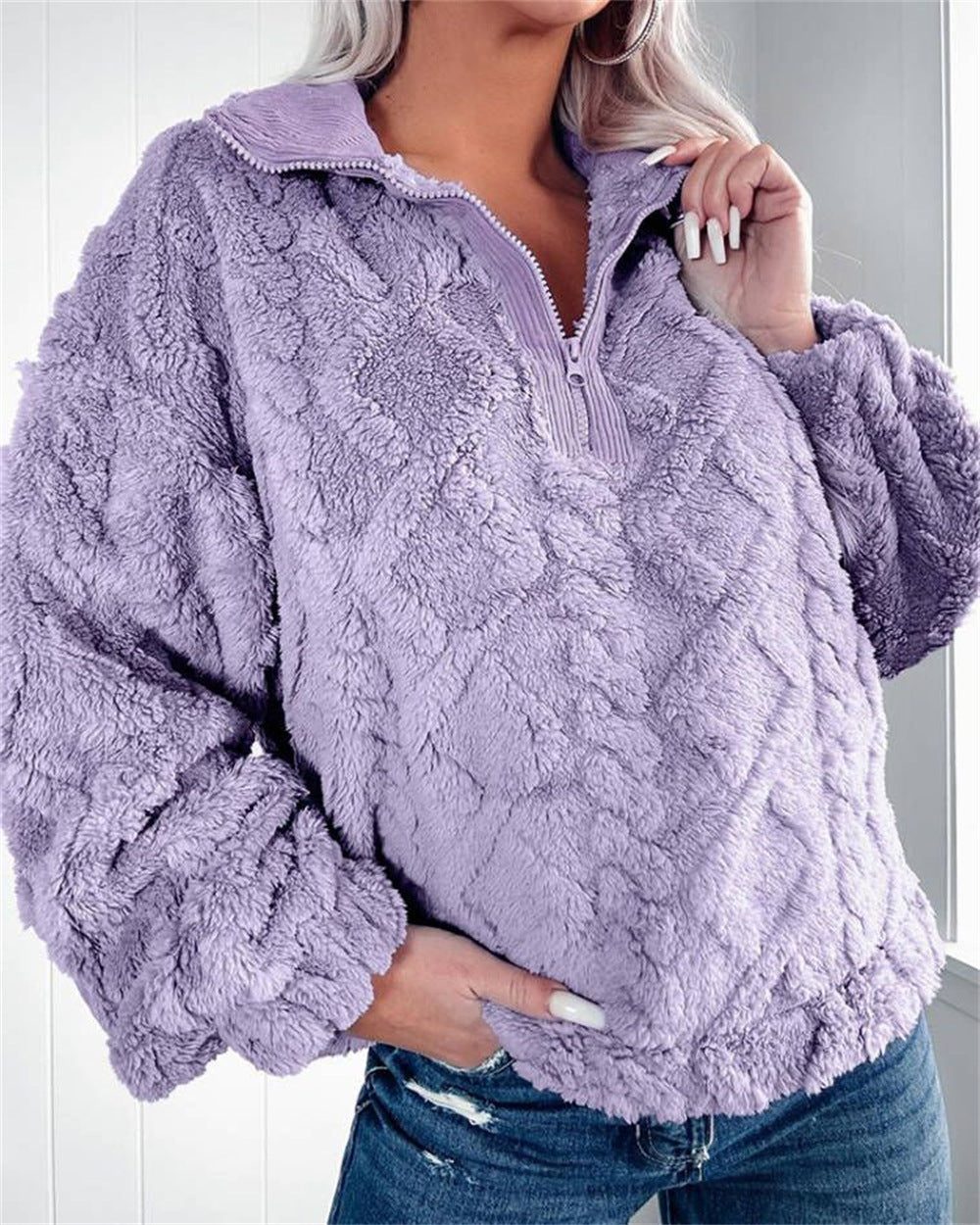 Women's Oversized Fleece Pullover with Quarter Zip and Puff Sleeves, Lilac, view 6
