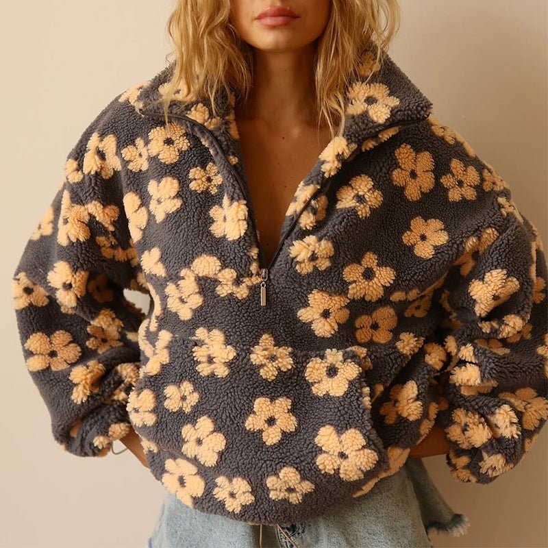 Women's Oversized Floral Teddy Fleece Jacket with Half Zip, Yellow, view 1