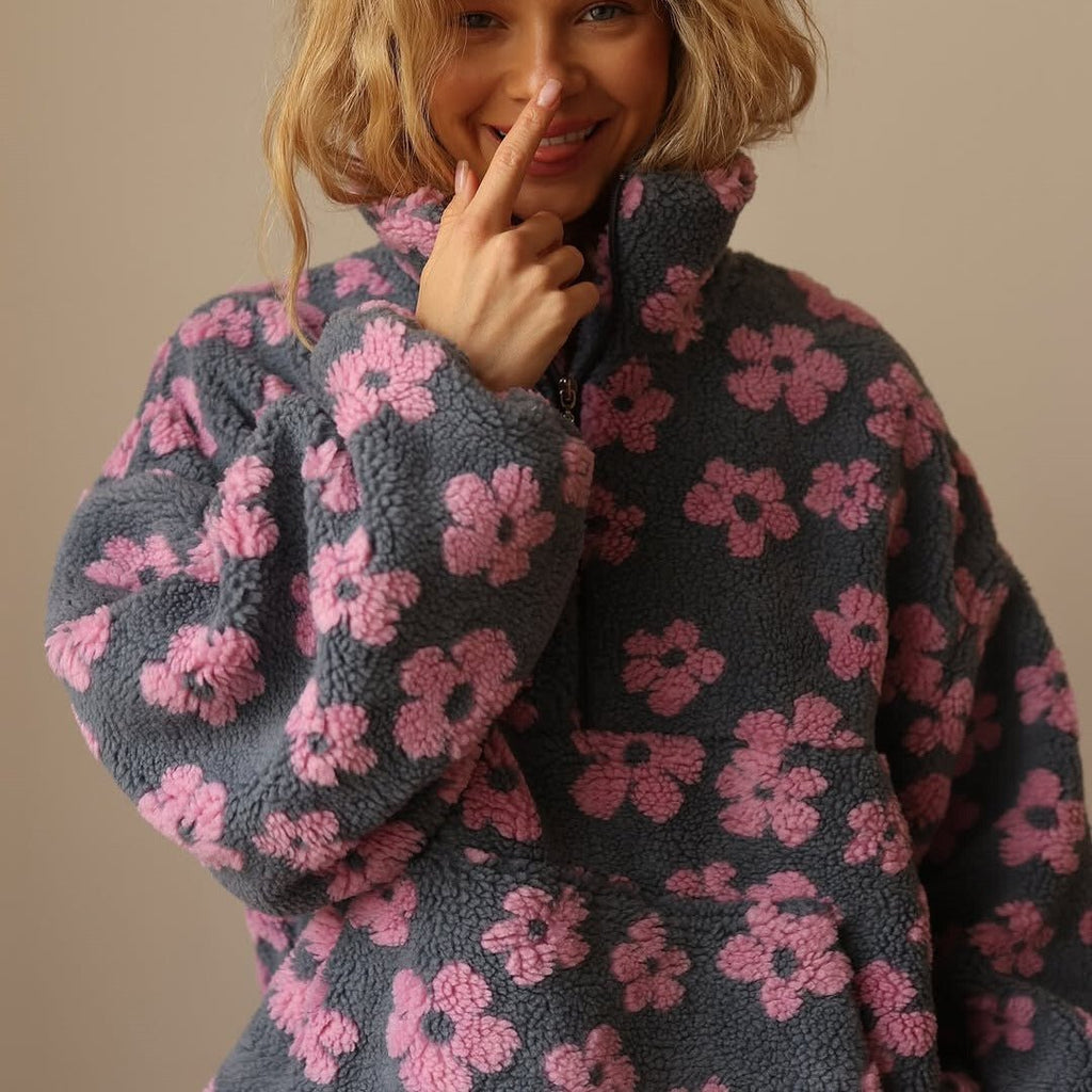Women's Oversized Floral Teddy Fleece Jacket with Half Zip, view 4