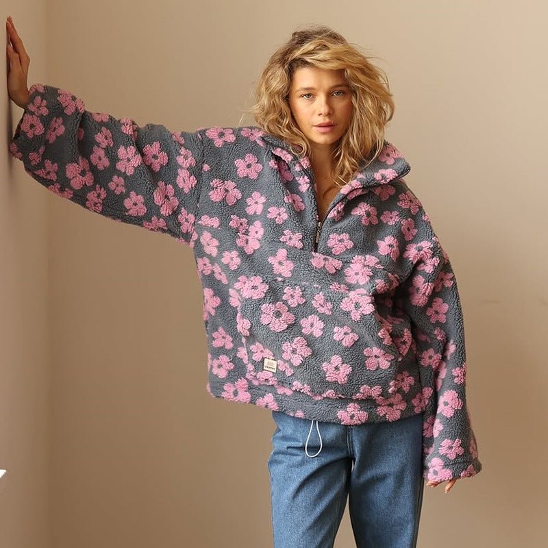 Women's Oversized Floral Teddy Fleece Jacket with Half Zip, Pink, view 5
