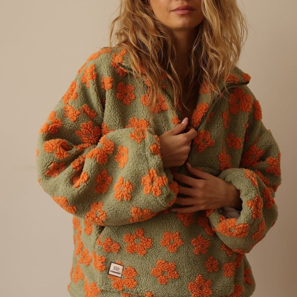Women's Oversized Floral Teddy Fleece Jacket with Half Zip, view 6