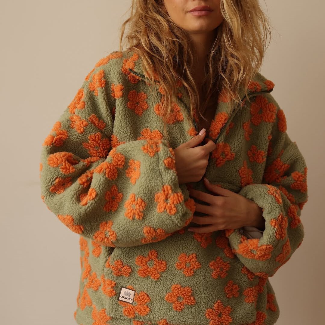 Women's Oversized Floral Teddy Fleece Jacket with Half Zip, view 6
