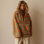 Women's Oversized Floral Teddy Fleece Jacket with Half Zip, Orange, view 7