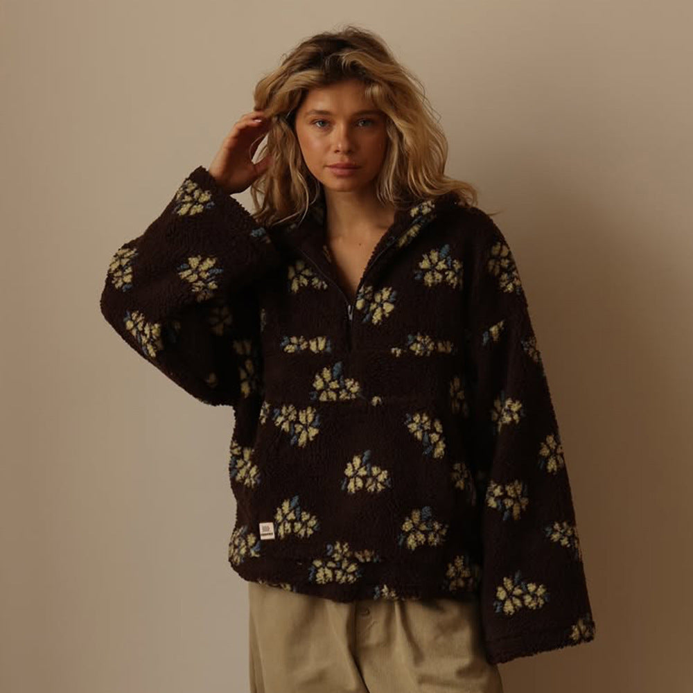 Women's Oversized Floral Teddy Fleece Jacket with Half Zip, Brown, view 9