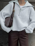 Women's Oversized Half Zip Jumper with Wide Collar, Light Grey, view 1