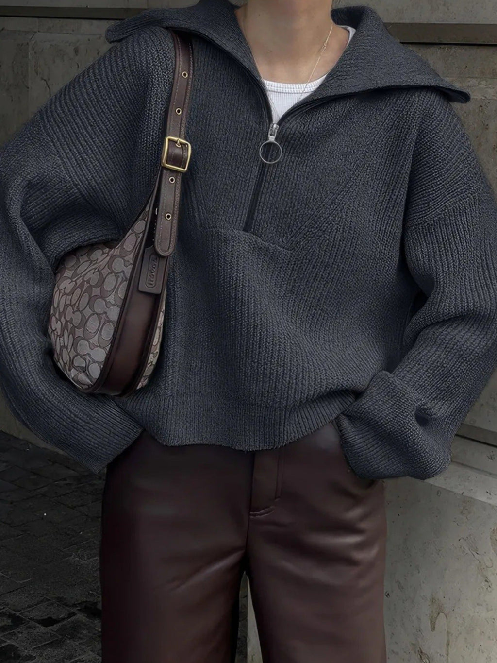Women's Oversized Half Zip Jumper with Wide Collar, Dark Grey, view 2