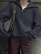 Women's Oversized Half Zip Jumper with Wide Collar, Dark Grey, view 2