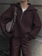 Women's Oversized Half Zip Jumper with Wide Collar, Brown, view 3