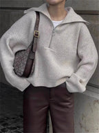 Women's Oversized Half Zip Jumper with Wide Collar, Khaki, view 4