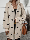 Women's Oversized Heart Pattern Longline Open Front Cardigan, Khaki, view 1