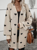 Women's Oversized Heart Pattern Longline Open Front Cardigan, Khaki, view 1