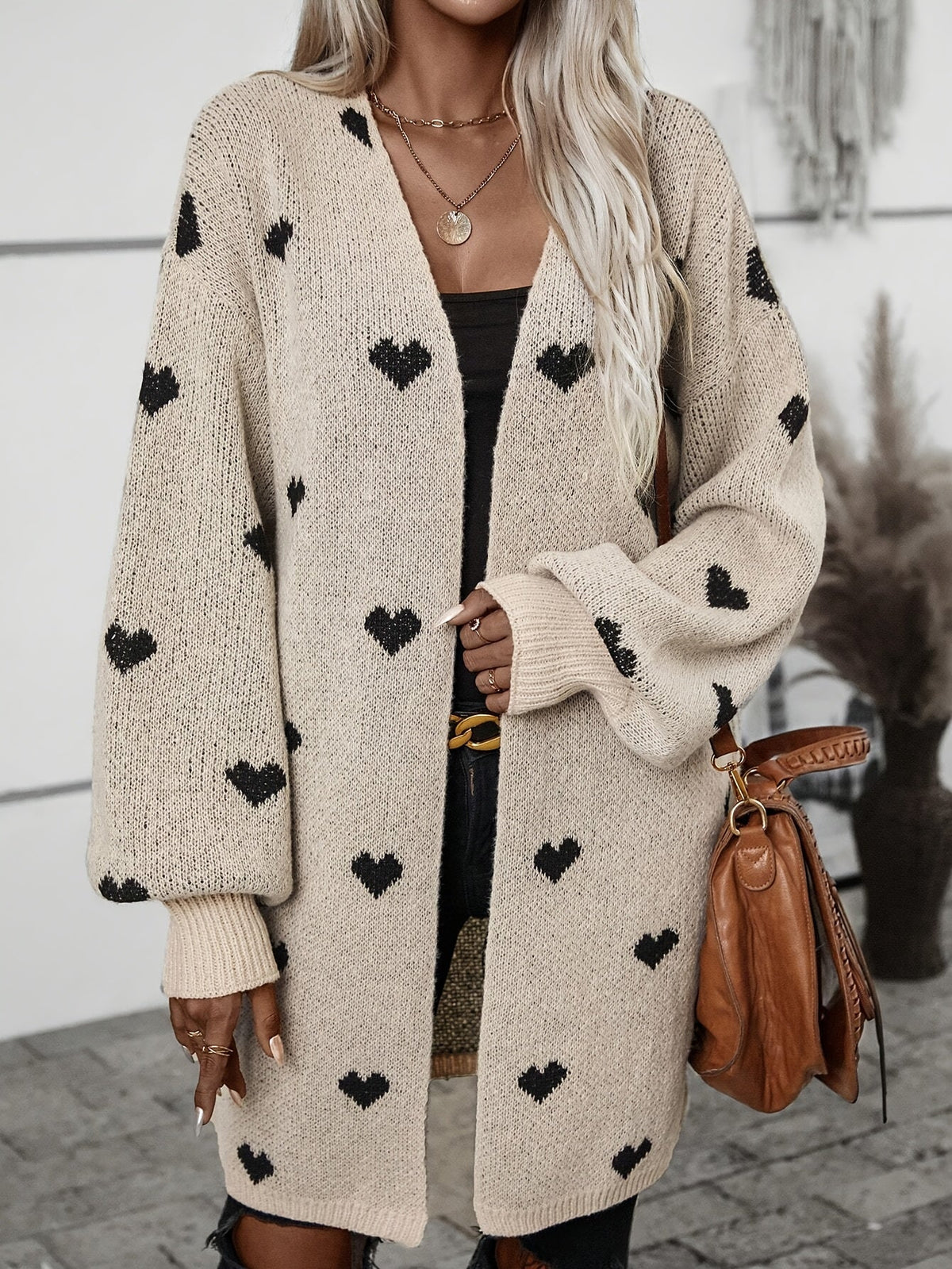 Women's Oversized Heart Pattern Longline Open Front Cardigan, Khaki, view 1