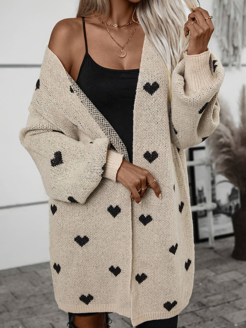 Women's Oversized Heart Pattern Longline Open Front Cardigan, view 2