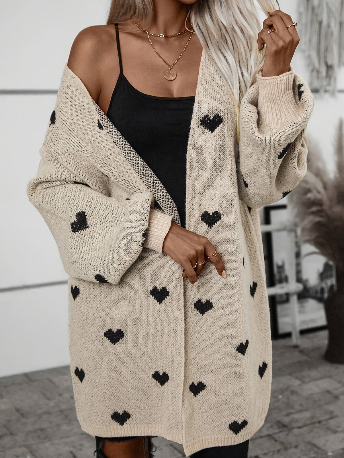 Women's Oversized Heart Pattern Longline Open Front Cardigan, view 2