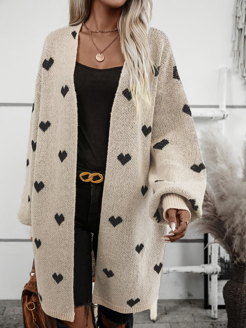 Women's Oversized Heart Pattern Longline Open Front Cardigan, view 3
