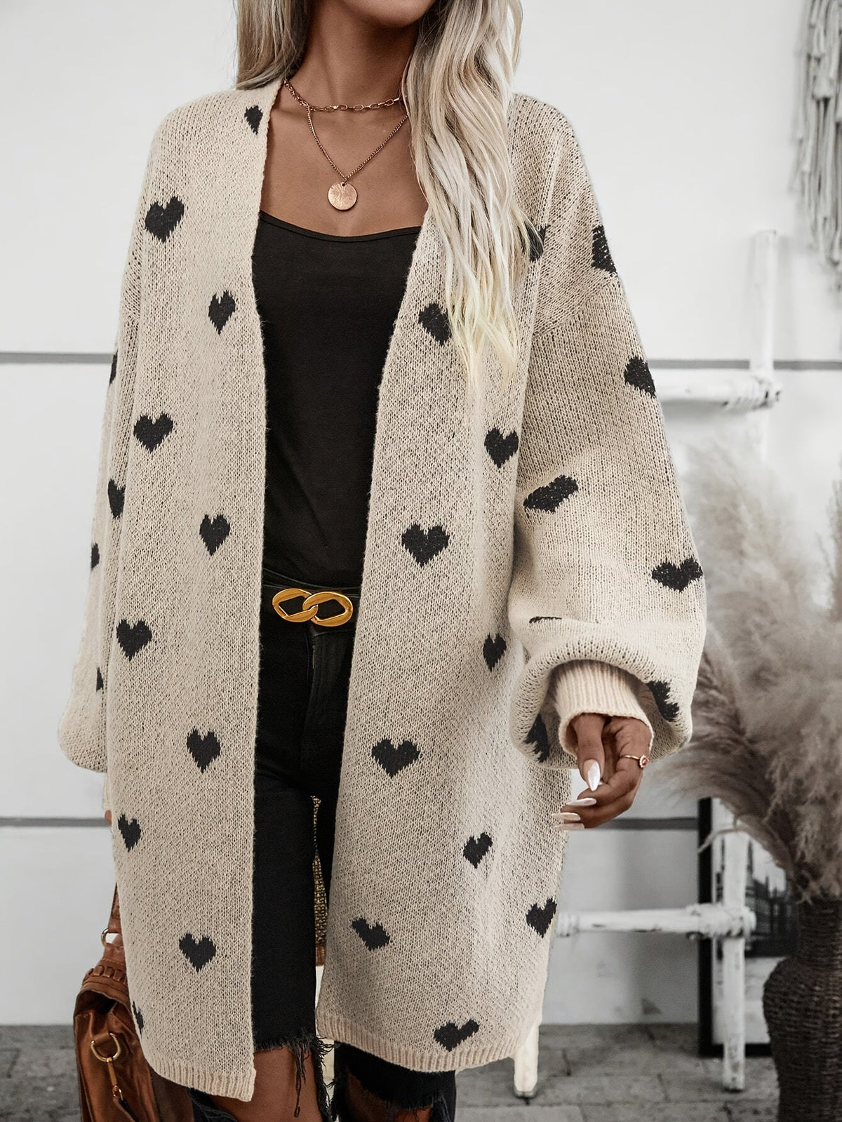 Women's Oversized Heart Pattern Longline Open Front Cardigan, view 3