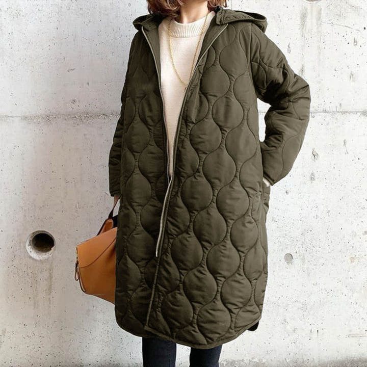 Women's Oversized Hooded Coat with Curved Quilting, Olive, view 3