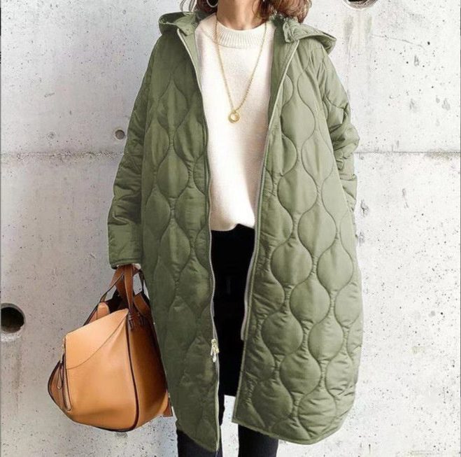 Women's Oversized Hooded Coat with Curved Quilting, Green, view 4