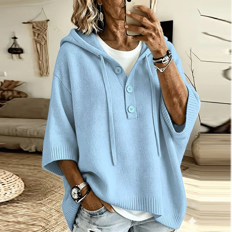 Women's Oversized Hooded Jumper with Button Placket, Blue, view 1
