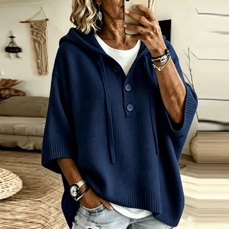 Women's Oversized Hooded Jumper with Button Placket, Navy Blue, view 2