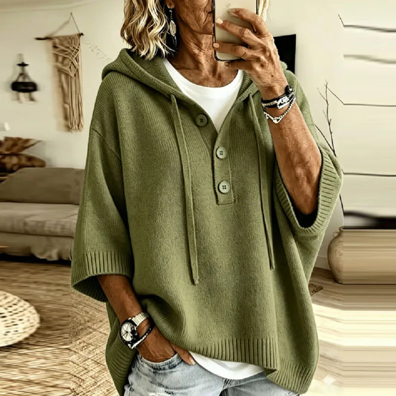 Women's Oversized Hooded Jumper with Button Placket, Green, view 3