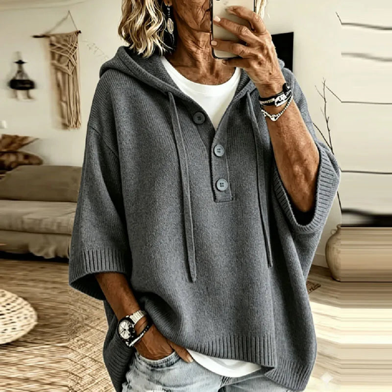 Women's Oversized Hooded Jumper with Button Placket, Grey, view 4