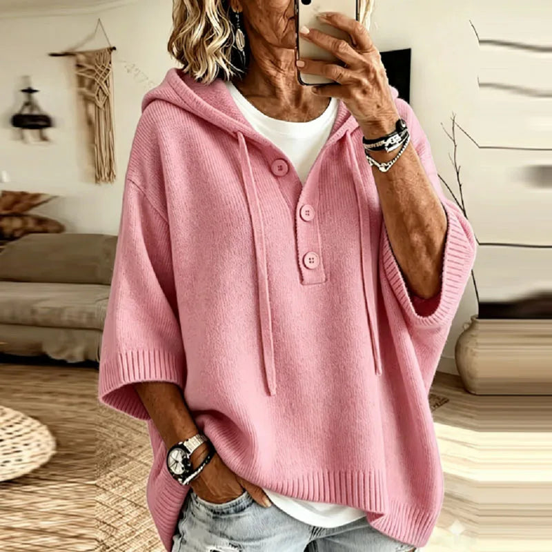Women's Oversized Hooded Jumper with Button Placket, Pink, view 5