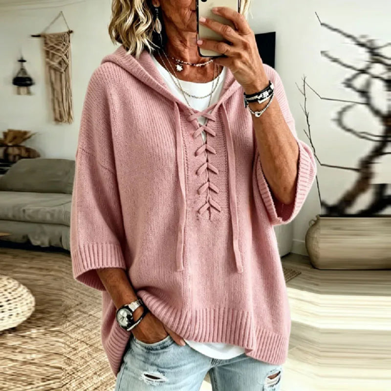 Women's Oversized Hooded Knit Jumper with Lace-Up Front, Pink, view 1