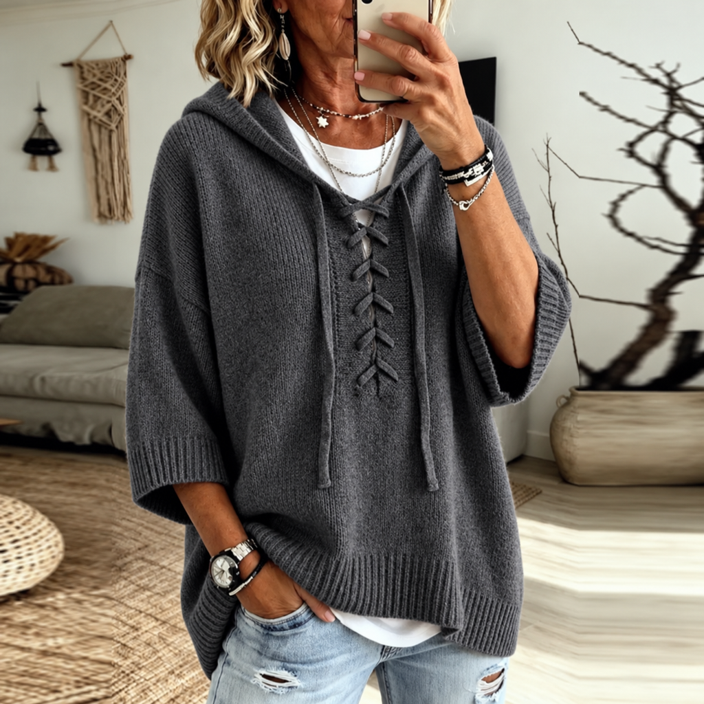 Women's Oversized Hooded Knit Jumper with Lace-Up Front, Dark Grey, view 2