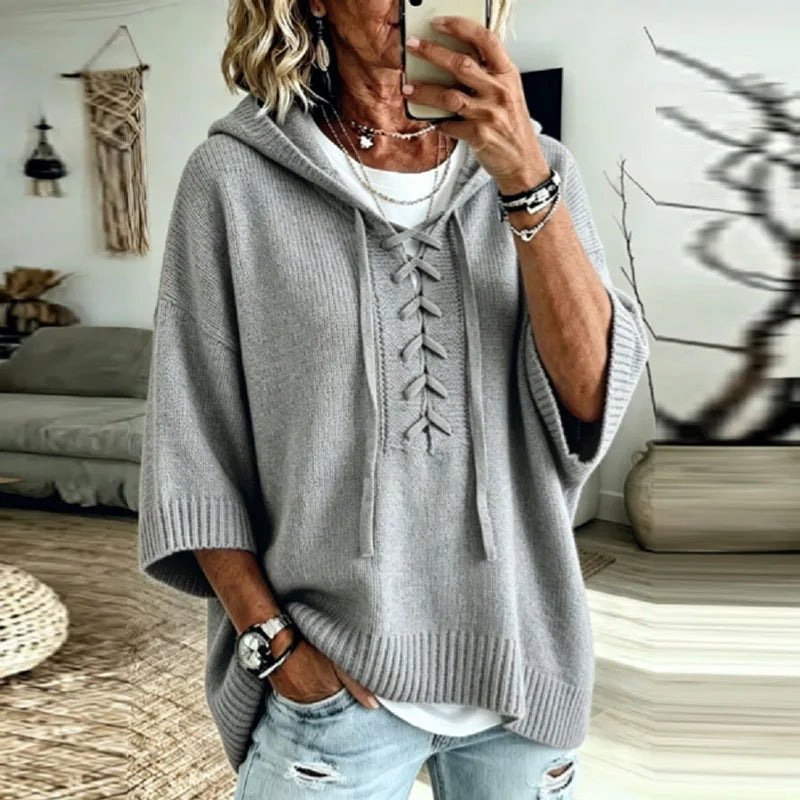 Women's Oversized Hooded Knit Jumper with Lace-Up Front, Grey, view 3