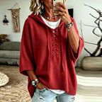 Women's Oversized Hooded Knit Jumper with Lace-Up Front, Red, view 4