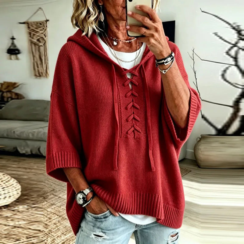 Women's Oversized Hooded Knit Jumper with Lace-Up Front, Red, view 4