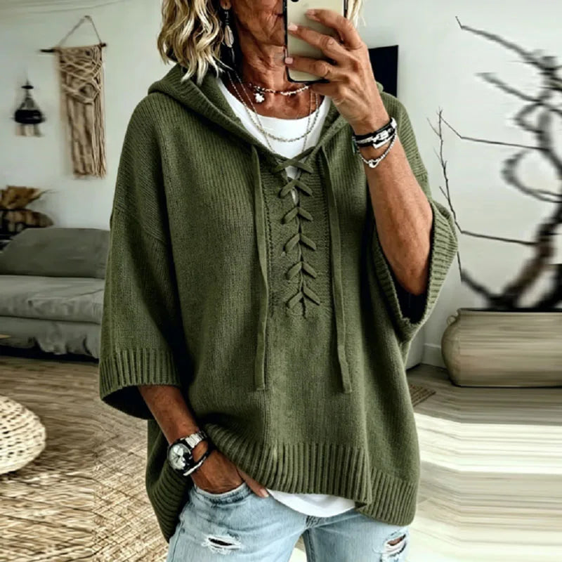 Women's Oversized Hooded Knit Jumper with Lace-Up Front, Green, view 5