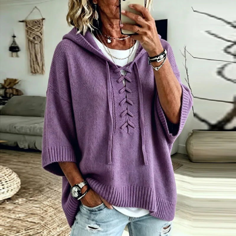 Women's Oversized Hooded Knit Jumper with Lace-Up Front, Purple, view 6