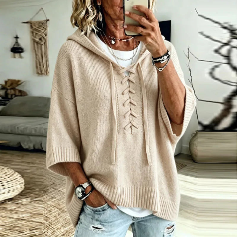 Women's Oversized Hooded Knit Jumper with Lace-Up Front, Beige, view 7