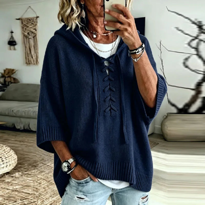 Women's Oversized Hooded Knit Jumper with Lace-Up Front, Navy Blue, view 8